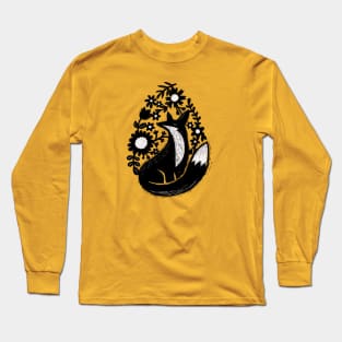 Sunshine Fox And Garden Flowers Linocut Long Sleeve T-Shirt